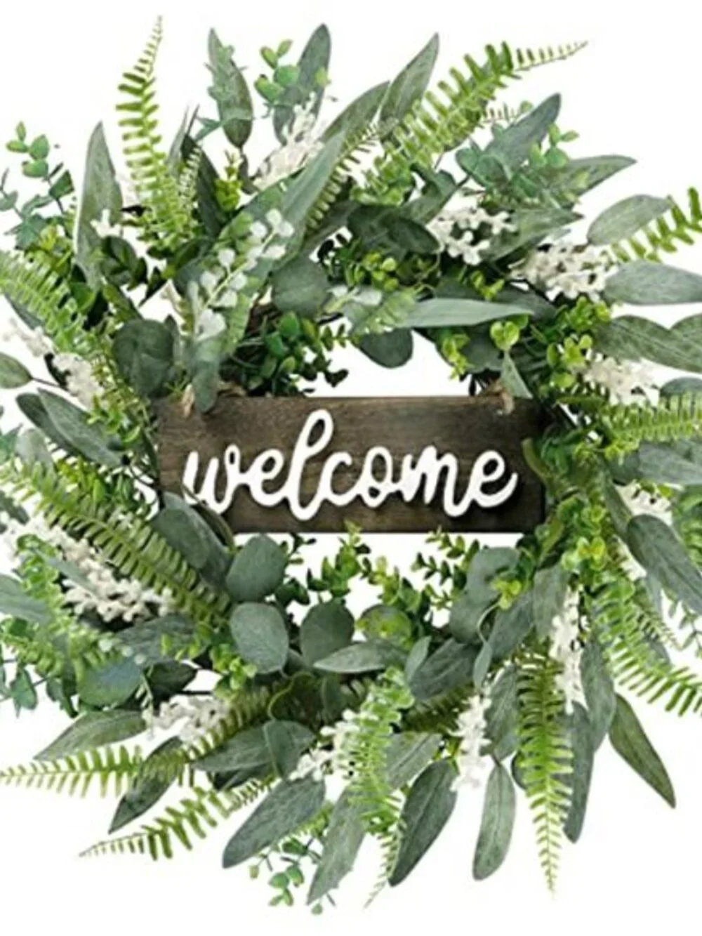 Green Artificial Eucalyptus Wreath with Welcome Sign 20in